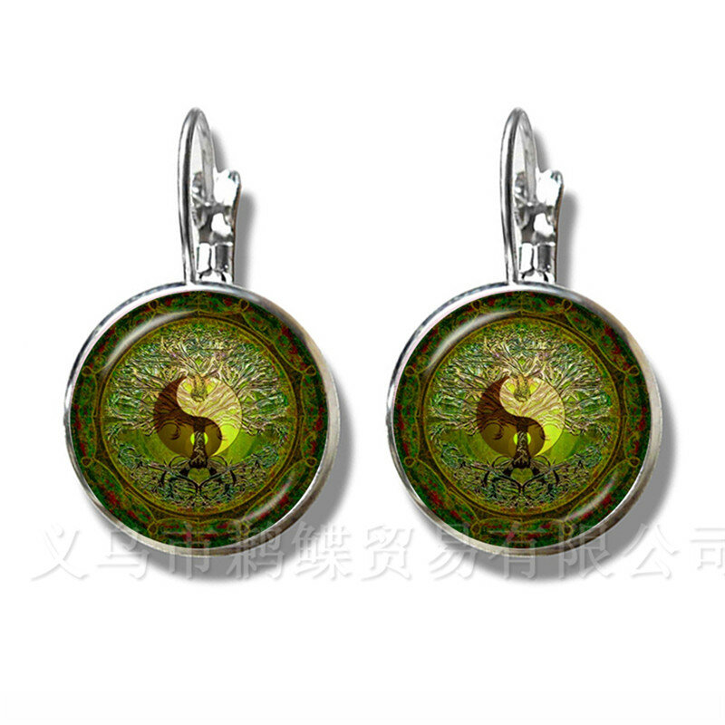 Pendientes con forma de árbol de la vida para mujer, aretes con forma de cabujón de cristal Yin Yang de 16mm, hechos a mano, a la moda, con cierre de tuerca plateado, para regalo