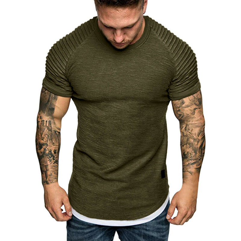 T camisas masculinas de verão plissados ajuste fino raglan manga curta padrão topo blusa casual moda masculina de alta qualidade coisas estranhas
