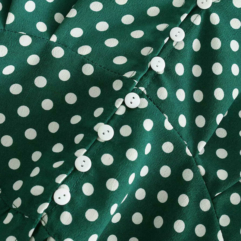 Blusa de manga larga con estampado de lunares para mujer, top corto con volantes, color blanco y verde, Estilo Vintage, ropa de calle coreana