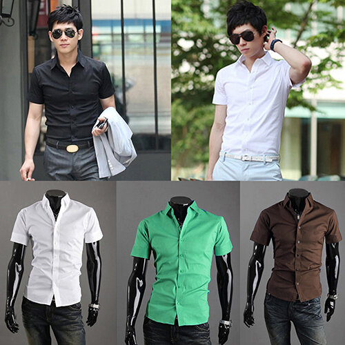 New Arrival Men's Fashion Summer Cool Turn-Down Collar Solid Slim Fit Short Sleeve Shirt