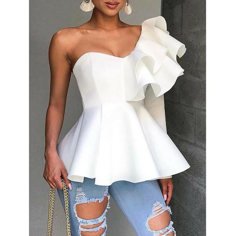 Blusa blanca de manga larga con volantes para mujer, camisa elegante con cremallera de un hombro, para fiesta, verano, 2019