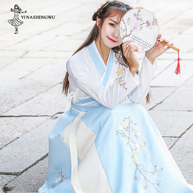 Женское платье Hanfu женские с баской, костюм ханьфу, Сказочная юбка, свежая и элегантная одежда в китайском стиле, павильон Хуацин ханьфу
