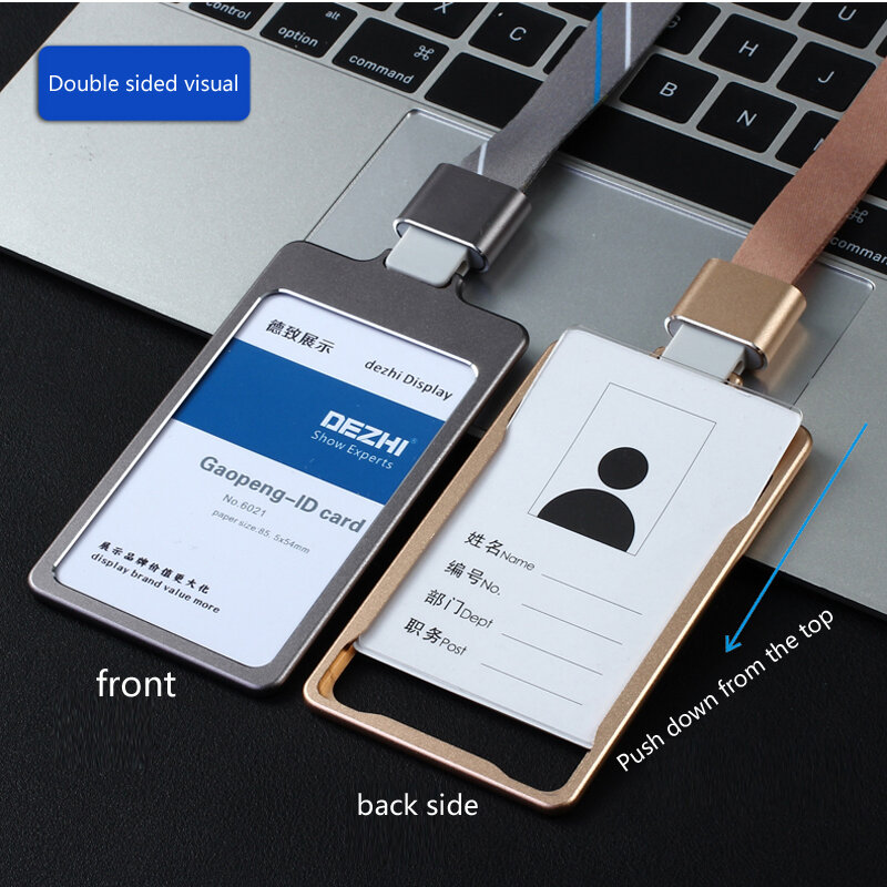 DEZHI High Gloss Business ID Card Holder with 1.5cm Neck Strap,Metal Name Card Case with Lanyard,Customize LOGO Badge Holder