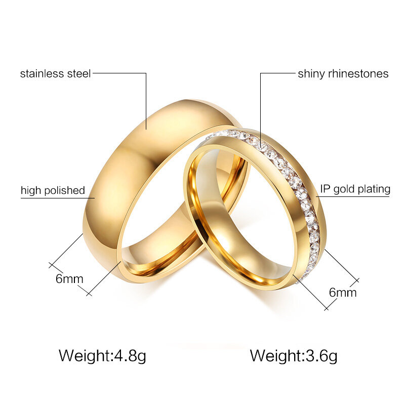 Vnox золото-цвет Обручальные кольца кольцо для Для женщин Для мужчин ювелирные изделия 6 мм Нержавеющая сталь Обручение кольцо США Размеры 5 до 13