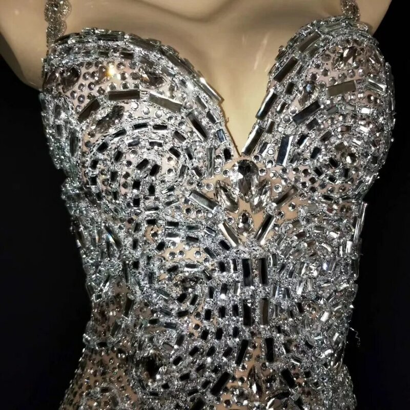 Sexy Stage Shining Silver Crystals Bodysuit See Through Birthday Celebrate Mesh Birthdday Outfit Party Dance Singer Bodysuit