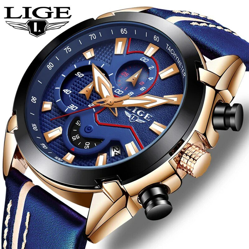 LIGE Neue Herren Uhren Top Luxus Quarzuhr Blau Casual Leder Militär Uhr Männer Wasserdichte Sport Uhr Relogio Masculino