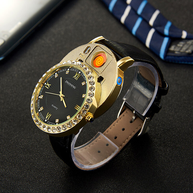 남성용 담배 라이터 시계, 석영 시계, USB 충전식 럭셔리 다이아몬드 다이얼, 캐주얼 손목 시계, 남성용 시계, JH391-2