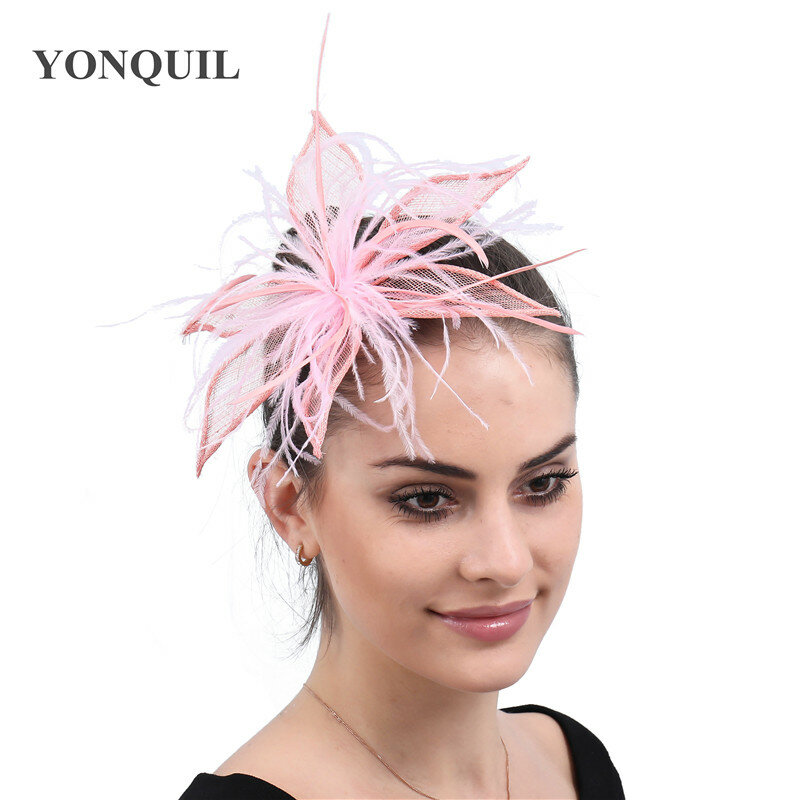 New Fashion Sinamy Feathers Fascinator Hat Headbands Pink Headwear Women Ladies Elegant Party Show Hair Accessories Headdress