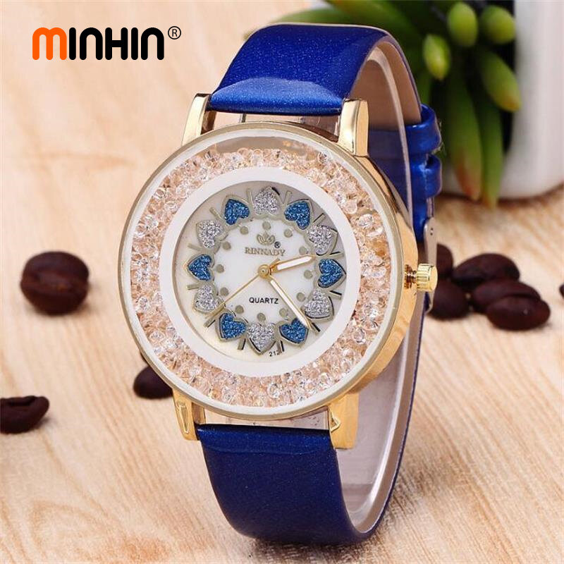 MINHIN дамские очаровательные часы с большим циферблатом, тренд продаж, кожаные золотые кварцевые наручные часы дизайн сердечко любовь женски...