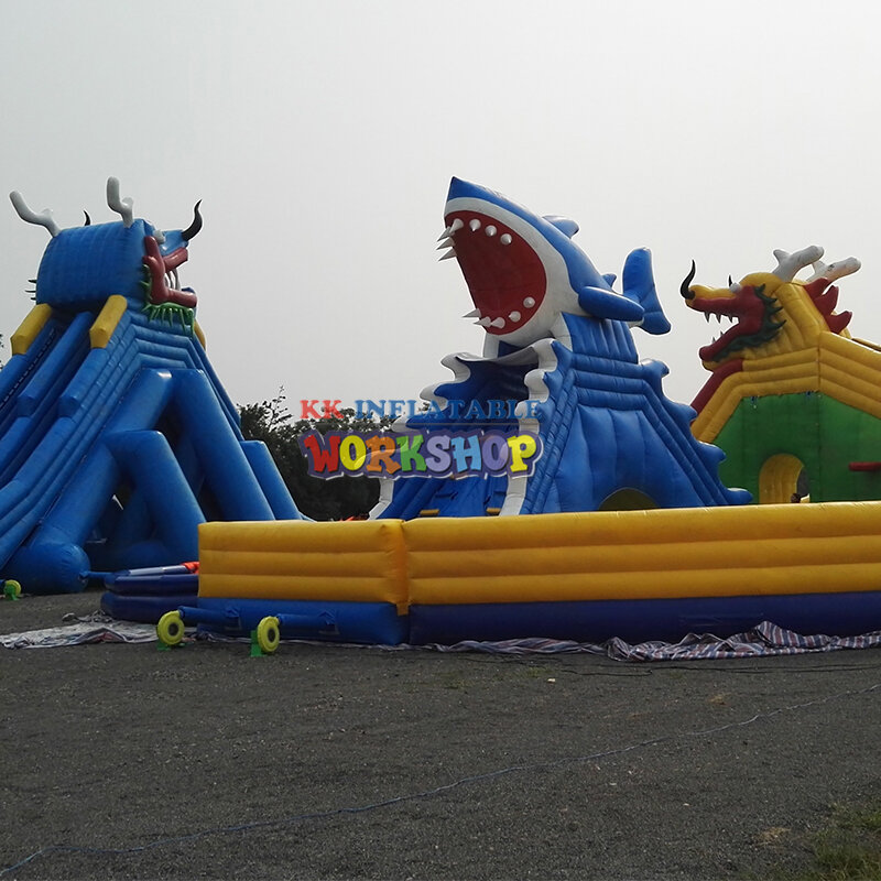 Parque aquático inflável exterior, anime móvel, Funtastic Funcity, dragão e tubarão, feriados de verão