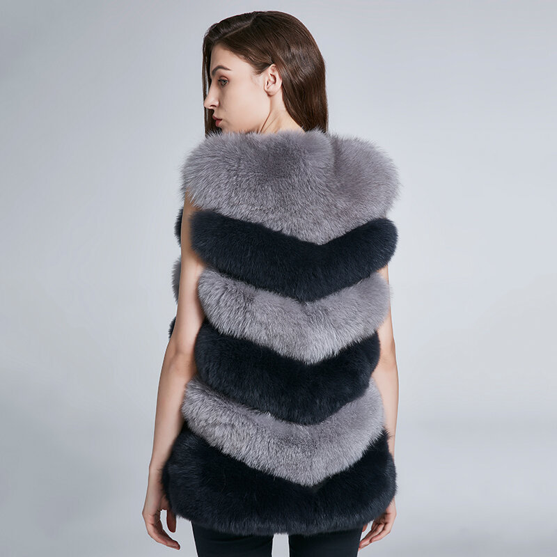 Jkp inverno novo colete de pele de raposa natural, mulheres de seção longa, casaco de pele de tamanhos