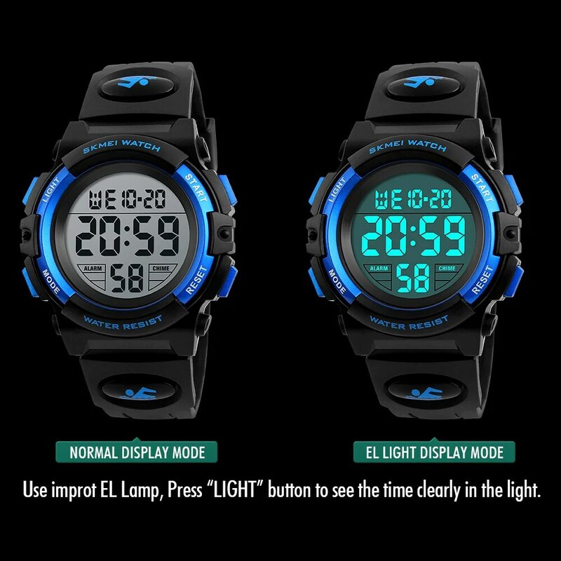 SKMEI-브랜드 어린이 LED 디지털 다기능 방수 손목 시계, 야외 스포츠 아이 소년 소녀용