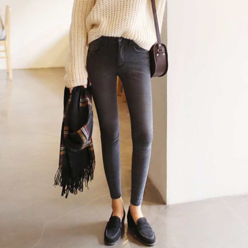 NJ02 2020 dünne taille jeans neun Koreanische weibliche grau legging füße bleistift hosen 9 schwarz frauen jeans