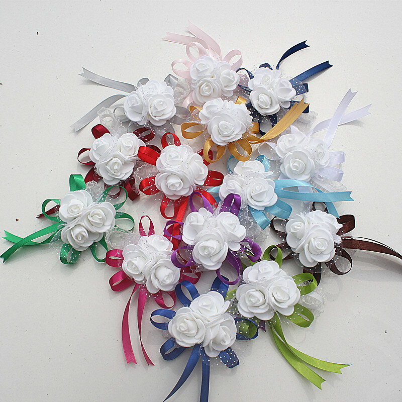A maioria popular pe flores corsage casamento pulso banda boutonniere feito sob encomenda branco 3 rosa fita de pulso flores sw003