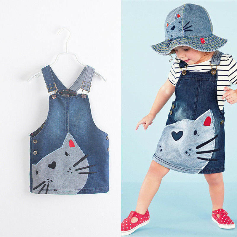 Summer Toddler Baby Girls Denim Skirt Jeans Kid Kitten Cat  Braces Skirt Clothes Overall  Clothes Age 2-7Y