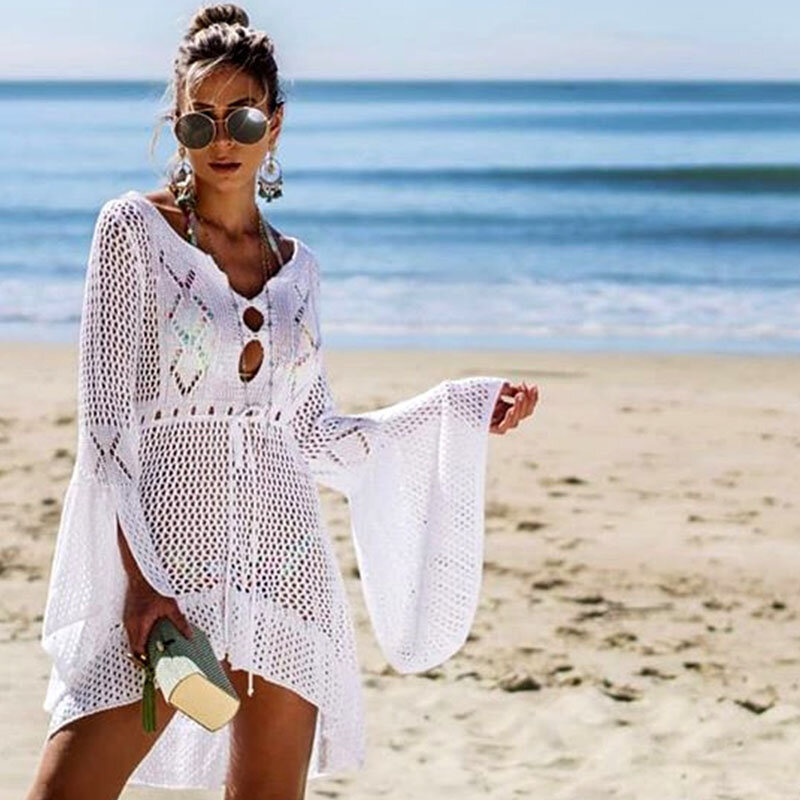 2019 Crochet White Knitted Beach Cover up dress Tunic Long Pareos Bikinis Cover ups Swim Cover up Robe Plage Beachwear