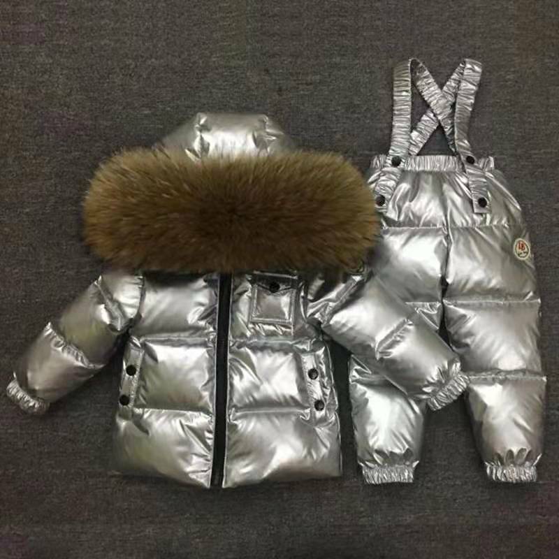 Russo inverno para baixo terno super quente crianças ternos de inverno meninos menina pato para baixo jaquetas + macacão 2 pçs conjunto crianças neve wear ws218