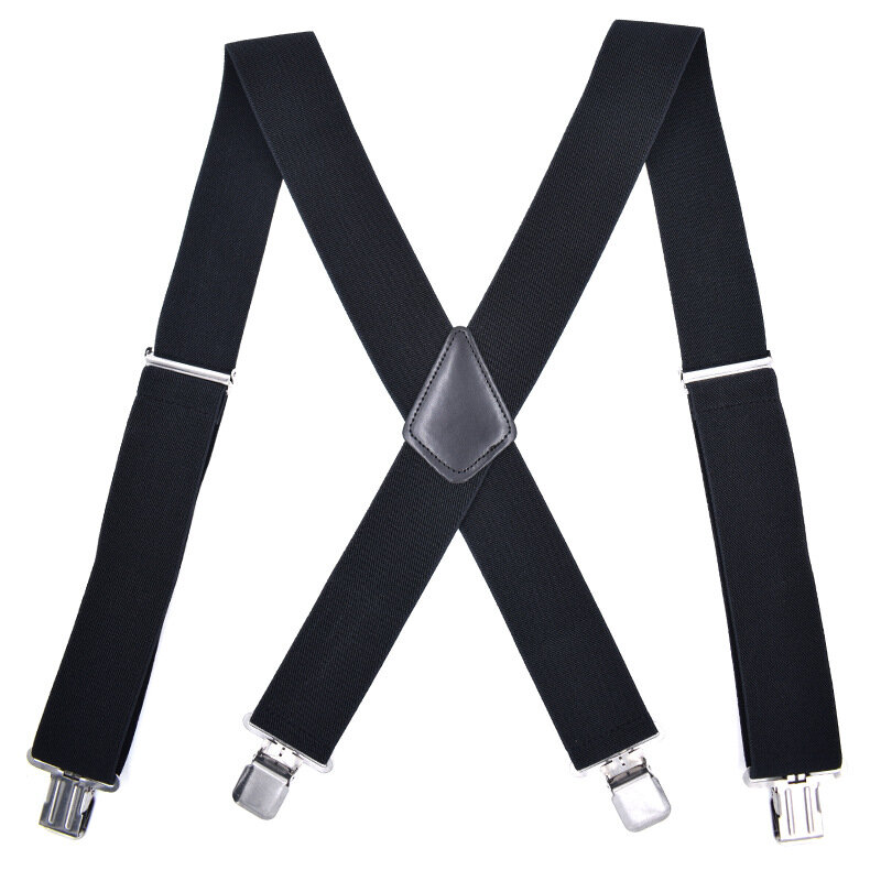 Suspensórios de couro preto masculino, calças casuais para cinta, presente forte para o papai, 4 clipes, 5x120cm, novo
