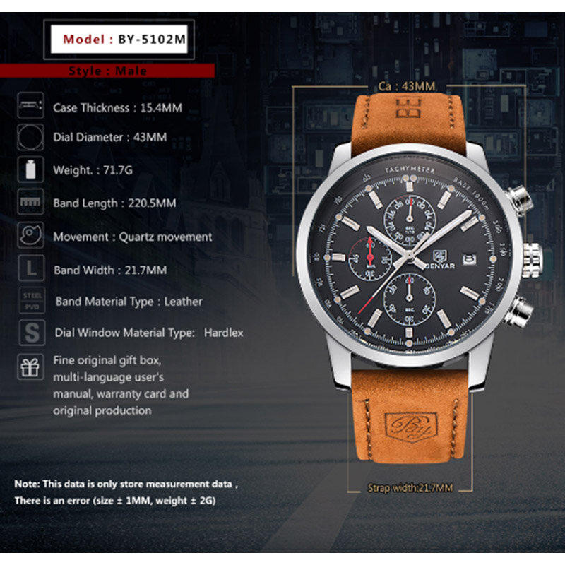 Benyar-남성용 최고 브랜드 고급 가죽 방수 다기능 쿼츠 무브먼트, 크로노그래프 캘린더, 남성용 손목 시계