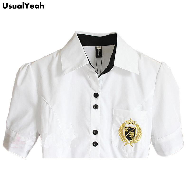 UsualYeah 女性新しい女性の夏スタイルのファッションボタン OL 半袖刺繍ホワイトボディシャツブラウス SML XL SY0183