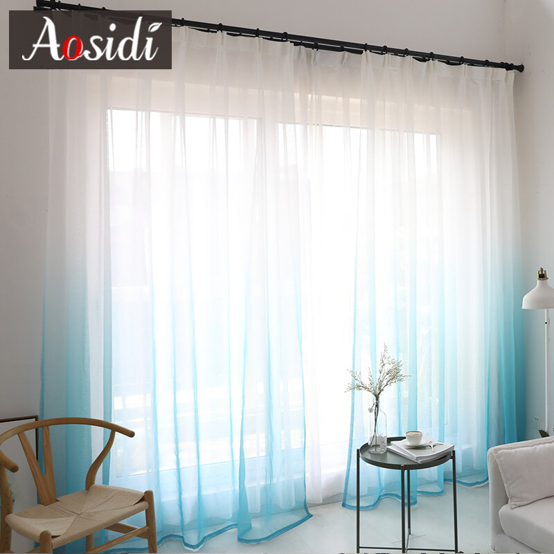 Cortinas de tul para ventana de sala de estar o dormitorio, organdí, transparentes, de color azul, para decoración de hotel
