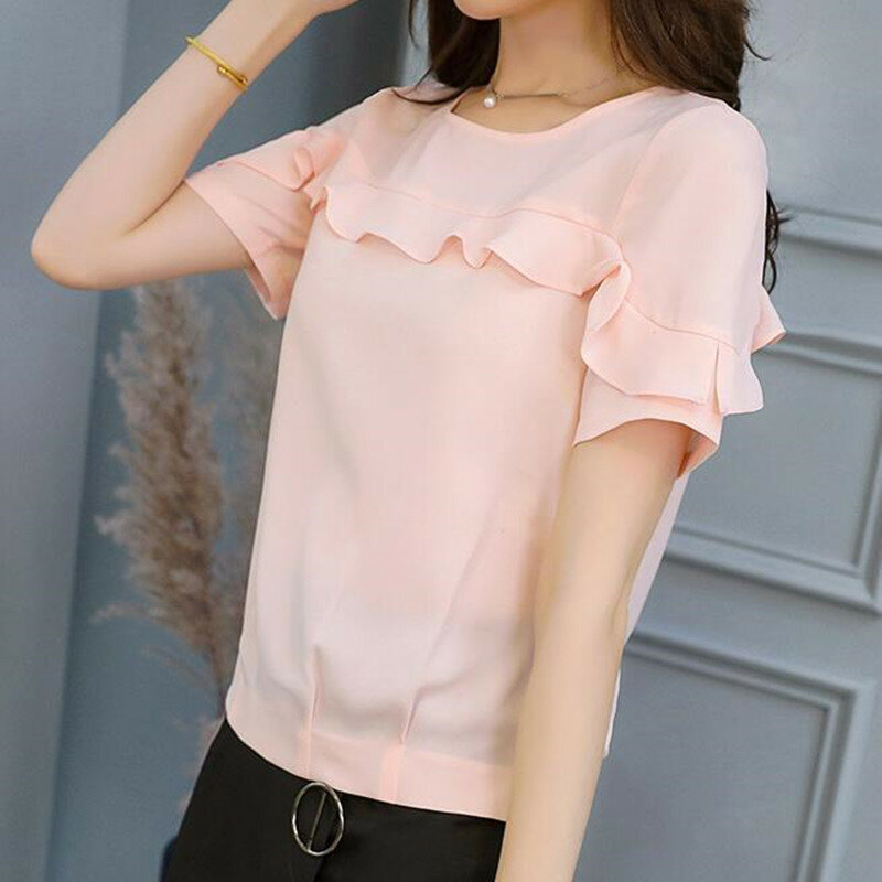 Spring Summer Chiffon Shirt New Korean Fashion Thin Pure Color Blouses Shirts Women Round Collar Short Sleeve Slim Tops H9062