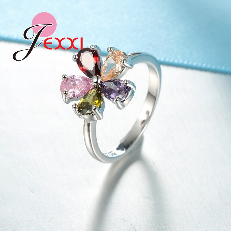 ที่สวยงามดอกไม้รูปทรงคริสตัล925เงินสเตอร์ลิงสตรีงานแต่งงานแหวนหมั้นแหวนแฟชั่นเครื่องประดับนิ้วมือ