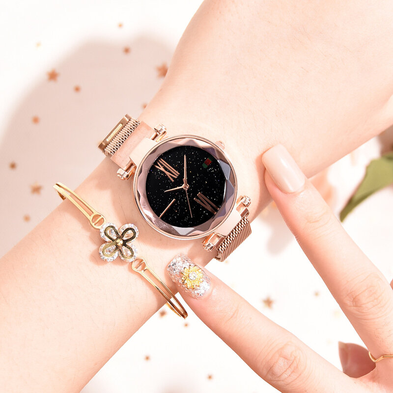 Starry Sky นาฬิกาผู้หญิงแม่เหล็กทองคำสีกุหลาบเหล็ก Watchband แฟชั่นผู้หญิงควอตซ์นาฬิกาข้อมือนาฬิกาโรมันตัวเลข Reloj Mujer