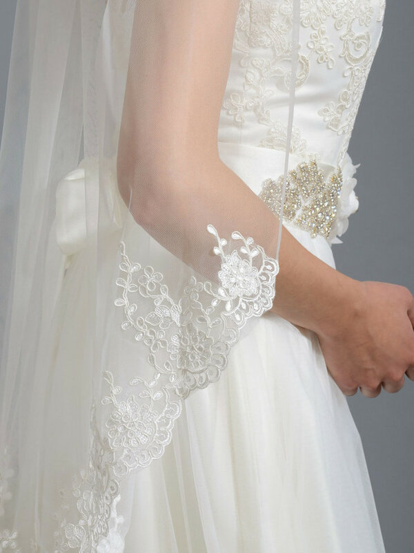 Ivoor Witte Bruids Sluier Sluier Vingertop Lengte Veils Lace Bridal Veils Met Kam Bruiloft Accessoires