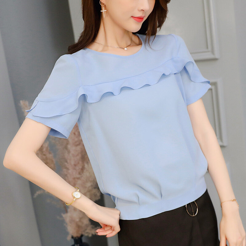 Musim Semi Musim Panas Chiffon Kemeja Baru Korea Fashion Thin Pure Warna Blus Kemeja Wanita Kerah Bulat Lengan Pendek Slim Tops H9062