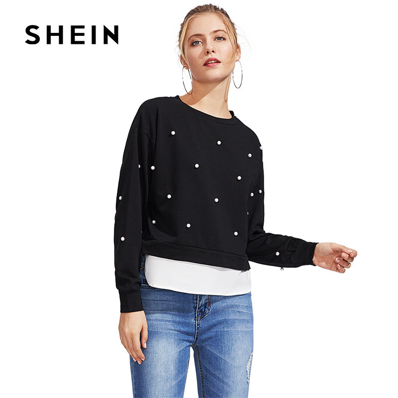 SHEIN Pearl Beading 2 In 1 Sweatshirt, 2017 Fashion Autumn O-neck pullover,Black casual/smart-casual women clothes