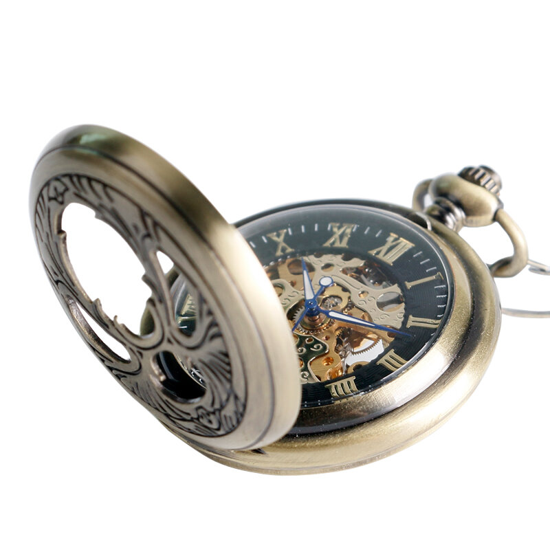 Jam tangan mekanis angin genggam perunggu untuk pria wanita, jam tangan saku motif Phoenix berongga dengan desain angka Romawi dan jam rantai liontin