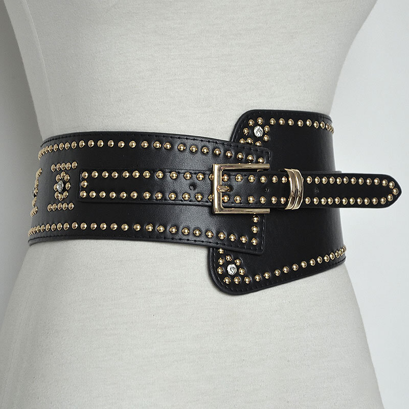 Sabuk kulit hitam bertatahkan penuh wanita, ikat pinggang elastis lebar buatan tangan desainer sabuk berlian imitasi untuk wanita