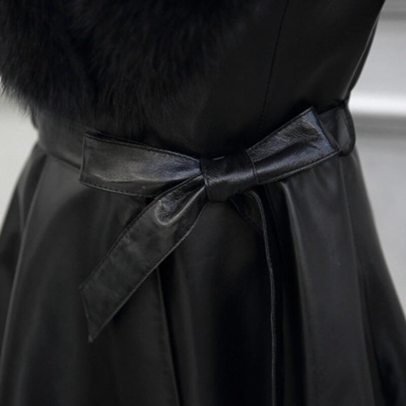 Swyevy-Chaqueta de cuero sintético para mujer, abrigo largo medio con cuello de piel de zorro de imitación, novedad de invierno, 2019