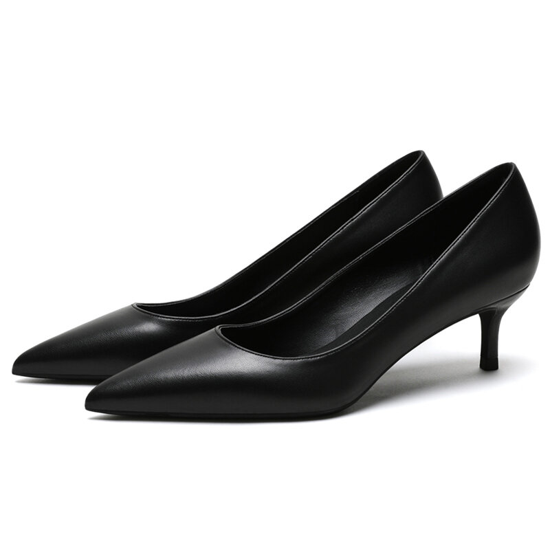 KATELVADI-zapatos de tacón medio de 5CM para mujer, calzado de cuero negro con abertura, Sexy, punta estrecha, para fiesta de boda, K-363