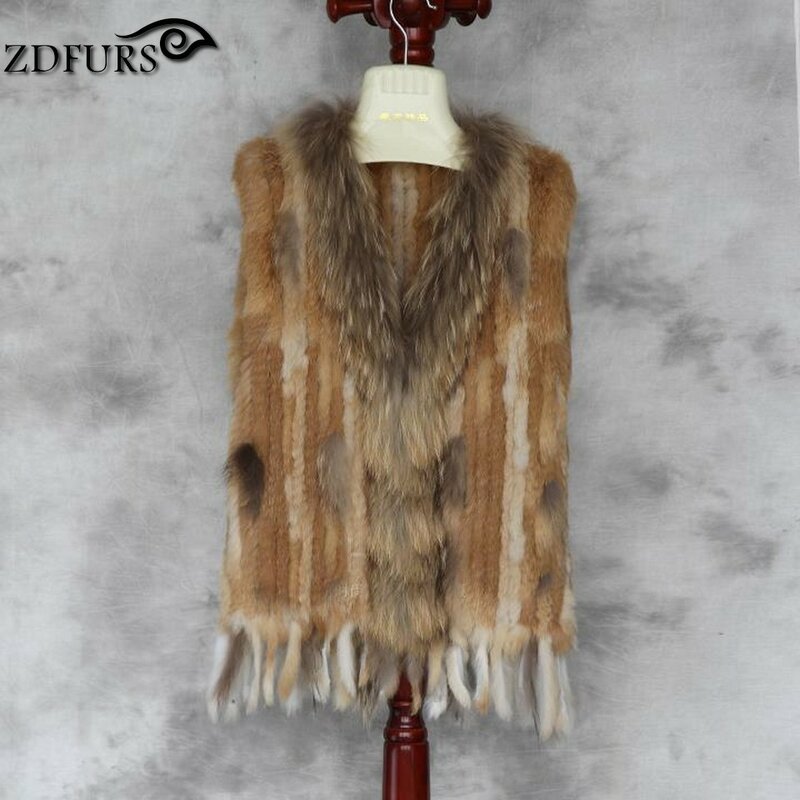 ZDFURS-Chaleco de punto de piel de conejo para mujer, chaleco de alta calidad con Cuello de piel de perro de mapache, gran oferta, ZDKR-165005