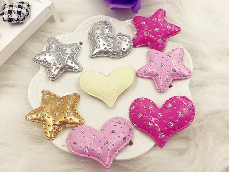 100pcs/lot PU Sewing patch Shiny/Glittered Diamond Stars Hearts Padded Appliques for DIY accessories wholesale