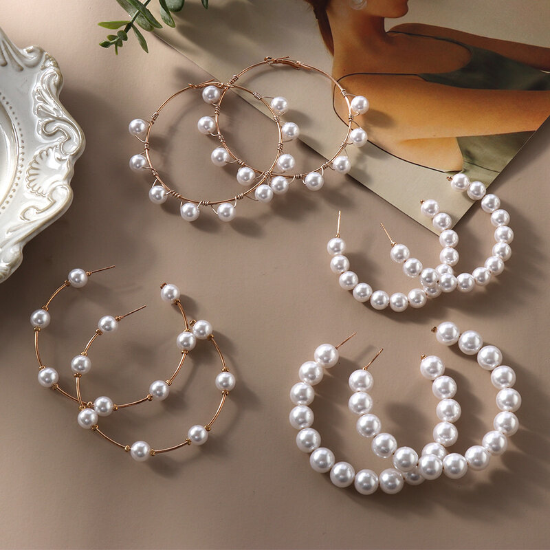 1 par de elegantes pendientes de aro de perlas blancas de gran tamaño para mujer pendientes de aro de círculo de perlas pendientes de joyería de moda