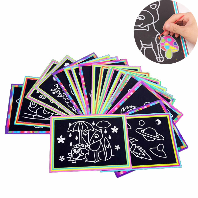 Волшебная бумага для рисования с палочками для детей, 10 шт., 13x9,8 см, бумага для скретч Арта, красочные игрушки для рисования