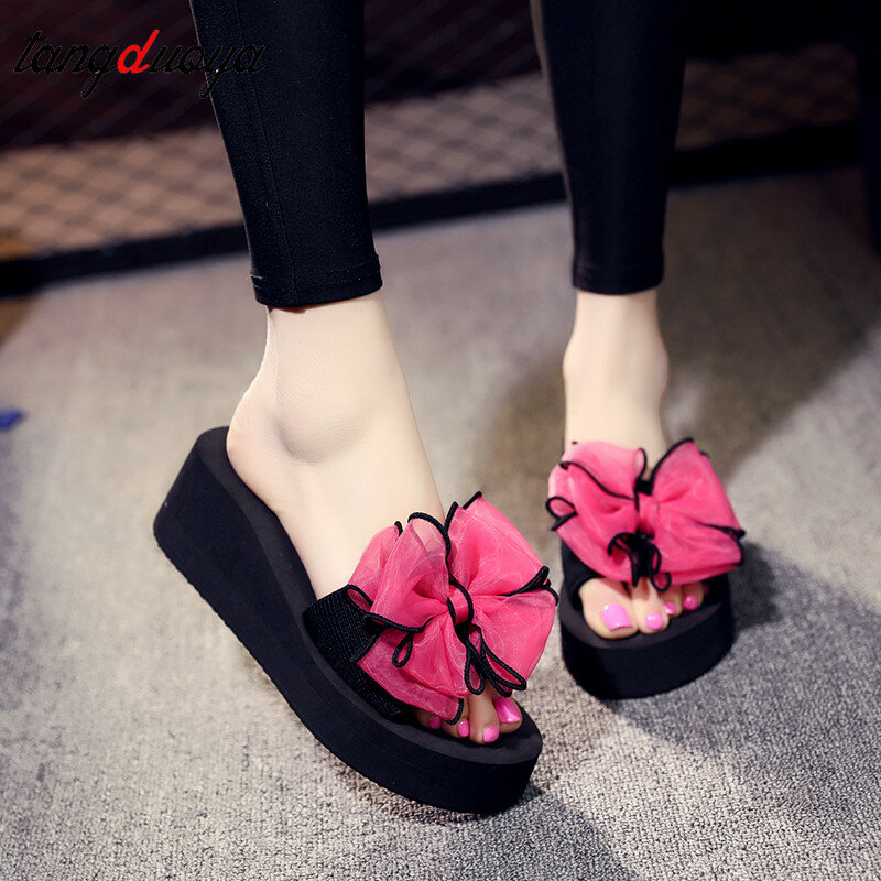 Summer Woman Shoes Platform bath slippers Wedge Beach Flip Flops High Heel Slippers For womens bow slippers casual shoes