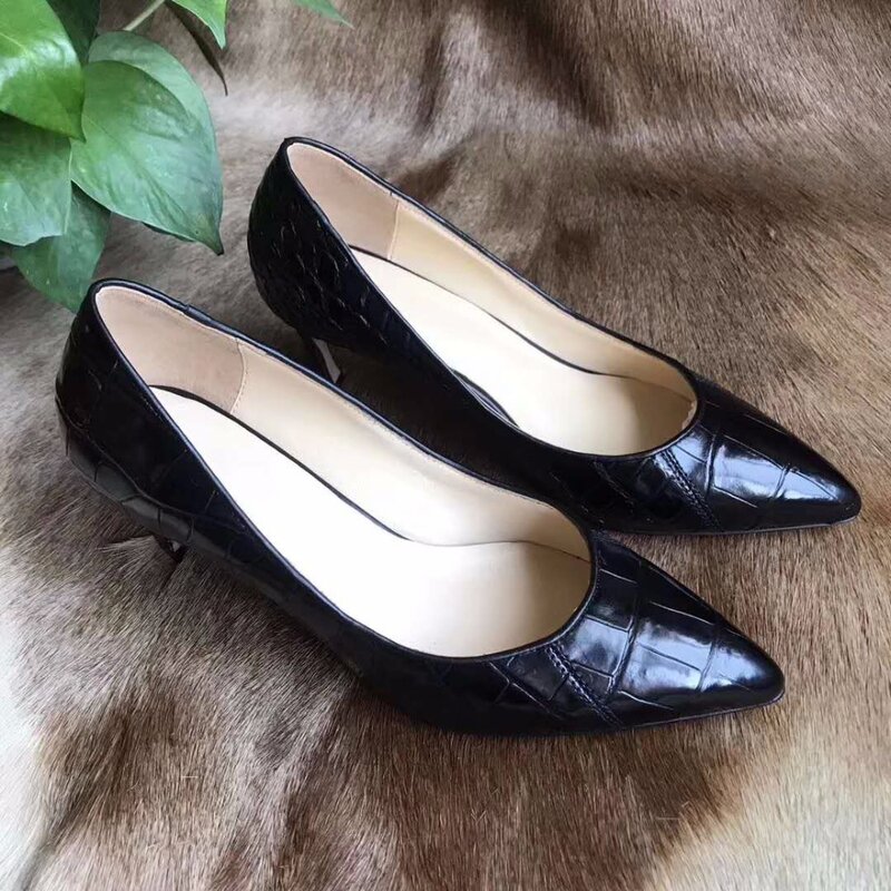Zapatos de tacón alto para mujer, calzado de vestir oficial, piel de vientre de cocodrilo real 2018 auténtica, a la moda, color negro, 100%