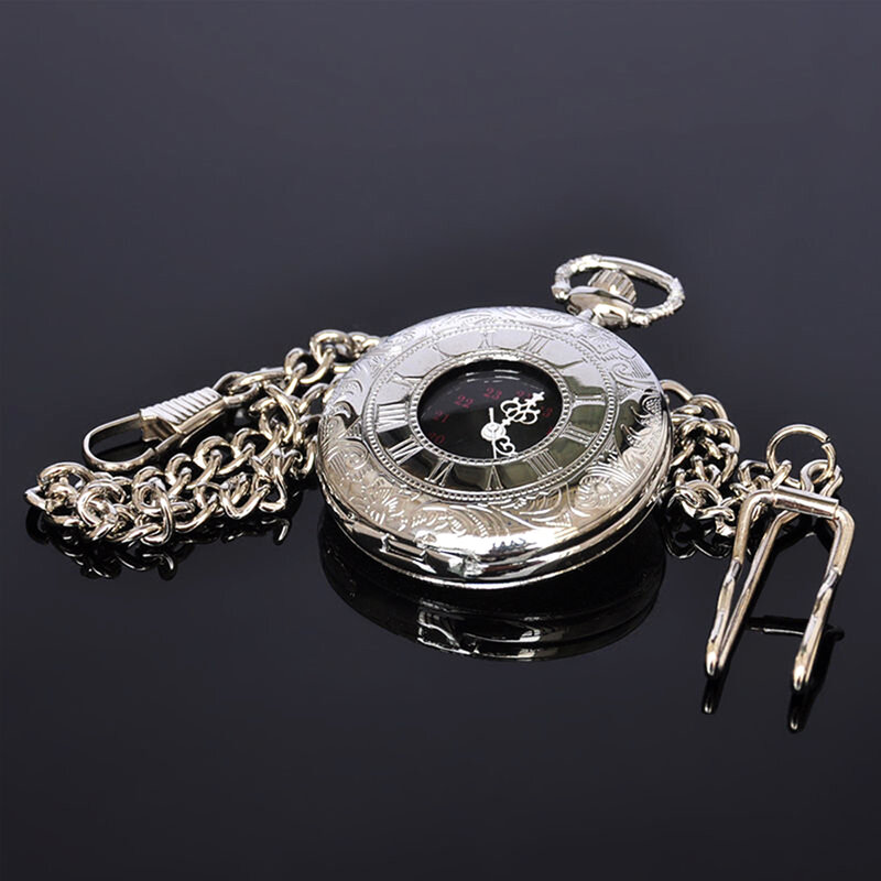 Vintage Silver Hollow Round Case Roman Numerals Black Dial Quartz Pocket Watch