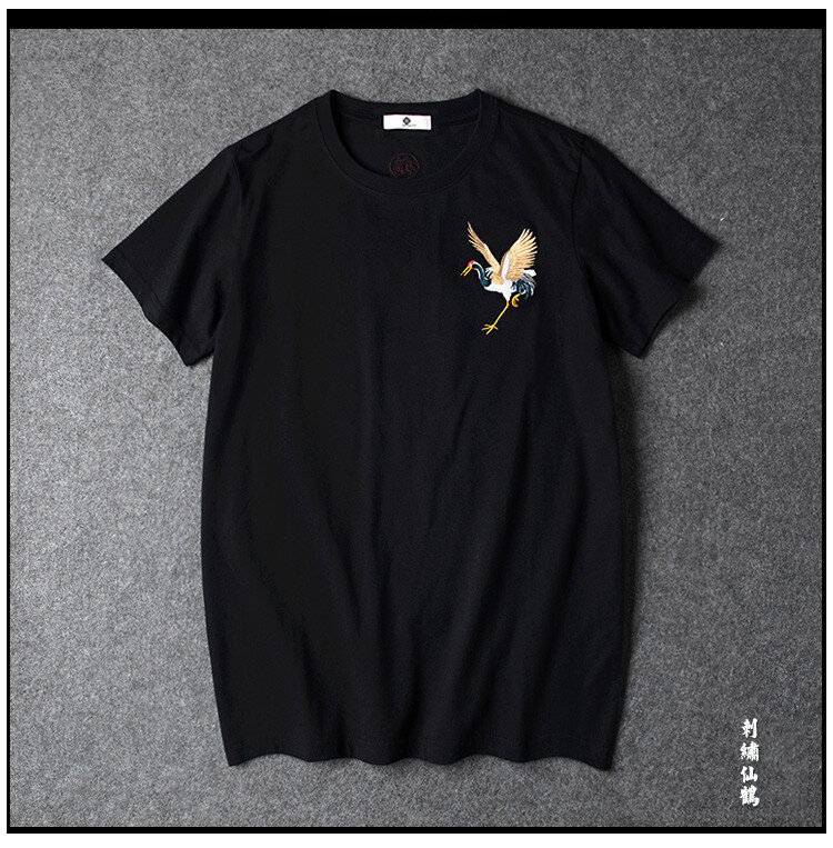 T shirt Crane design Men's 95% cotton with 100% embroidery hand stitched high skill quality 