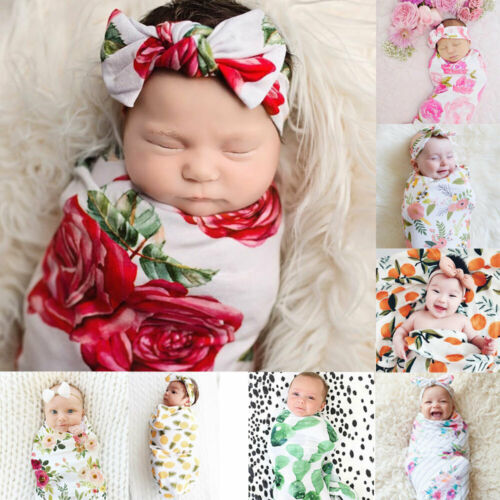 2pcs Newborn Baby Floral Swaddle Wrap Swaddling Sleeping Bag Blanket Headband Set