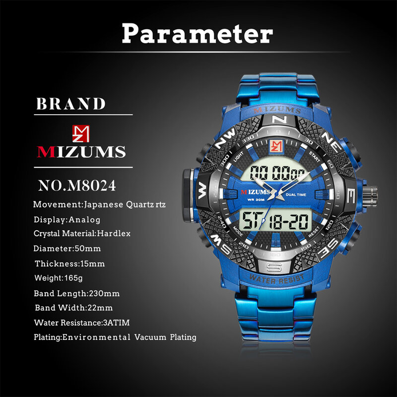 Gold Watch Men LED Digital Sports Watches Man Waterproof Stainless Steel Band Luxury Brand Mizums Men's Quartz Wristwatch XFCS