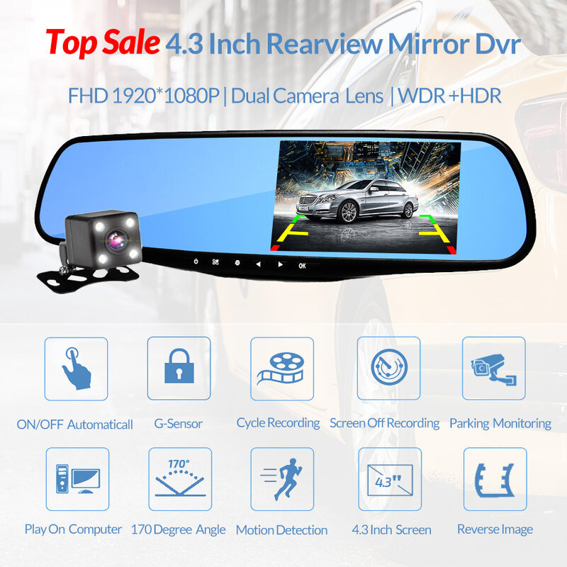 4.3 pouces voiture DVR caméra Full HD 1080P rétroviseur enregistreur vidéo numérique double lentille cam Auto enregistrateur