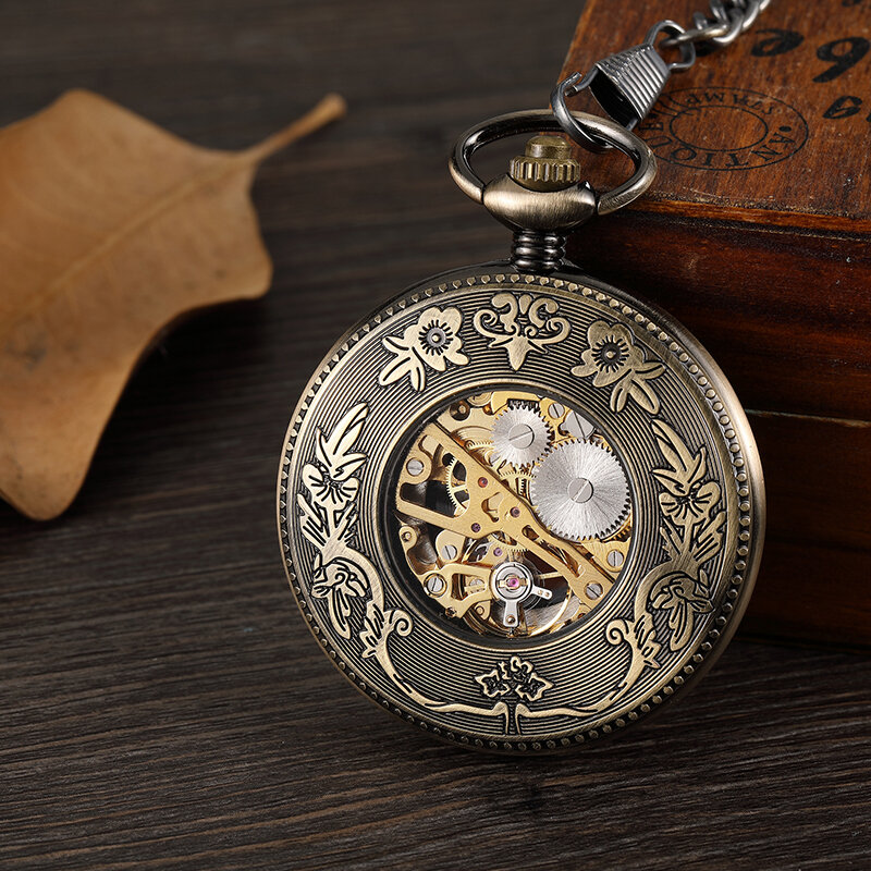 Bronzen Holle Vintage Mechanische Zak Horloge Mannen Skelet Carving Steampunk Fob Hand Horloge Met Ketting Vrouwen Mannen Cadeau