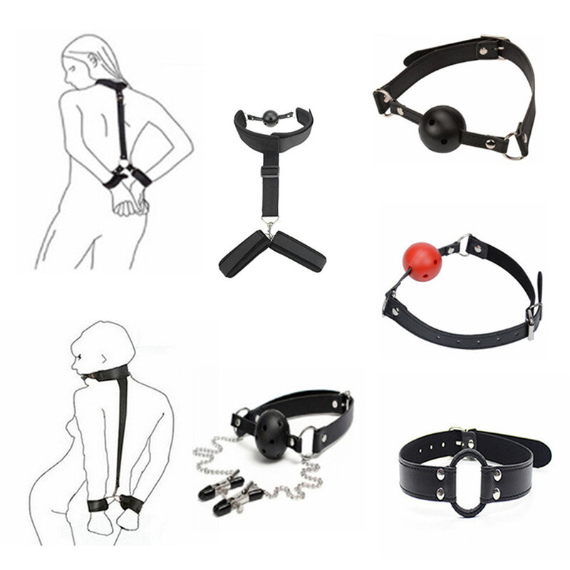 8 Types Sex Bandage Kits Porno Apparel Restraints Handcuffs Sexy Nipple Clamps Open Mouth Gag BDSM Sex Toys Exotic Accessories