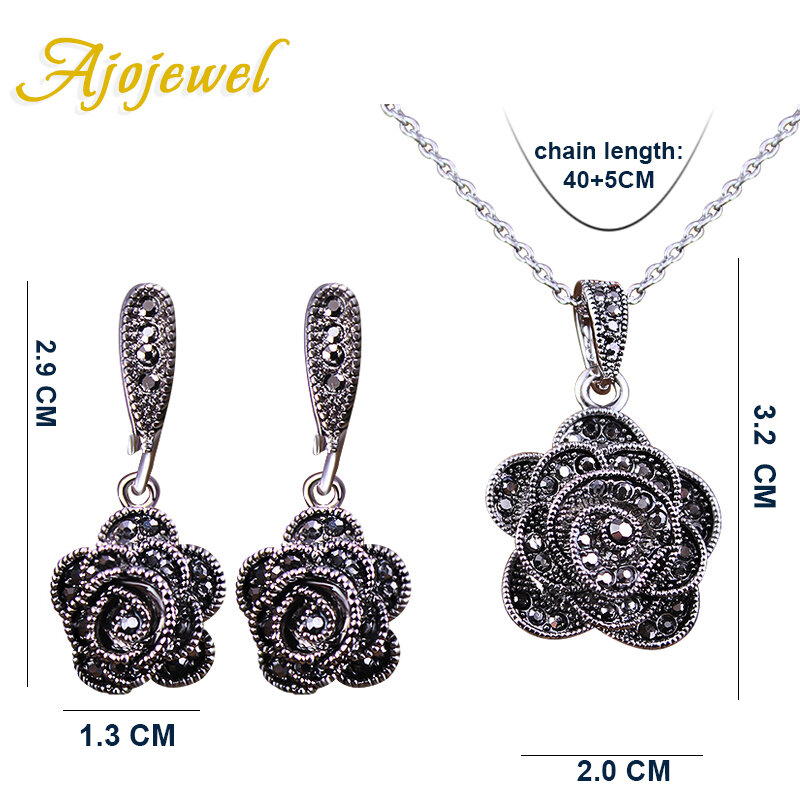 Ajjewel-女性のためのバラの花のヴィンテージジュエリーセット,parure bijoux,エレガントなクリスタルイヤリング,黒,ブランド