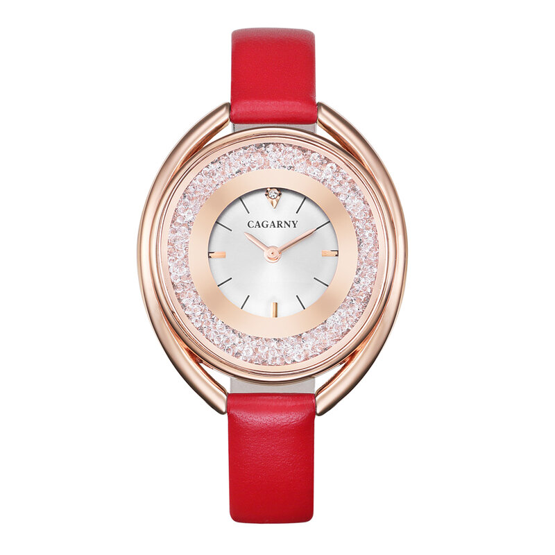 Cagarny-여성용 쿼츠 시계, 최고 럭셔리 브랜드 패션 여성 손목 시계, 여성 유행 가죽 샤이닝 크리스탈 시계